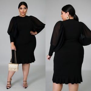 LBD! Lantern Sleeve Bodycon Knee Midi Length Mermaid Fishtail 1X Plus Dress!